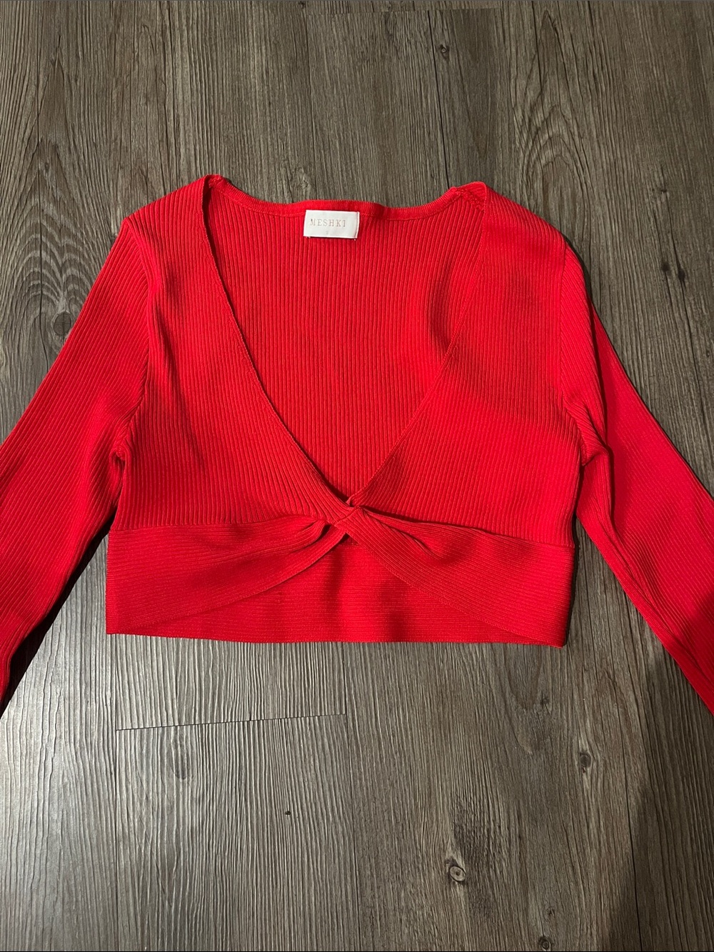 MESHKI Ribbed Twist-Front Long Sleeve Crop Top